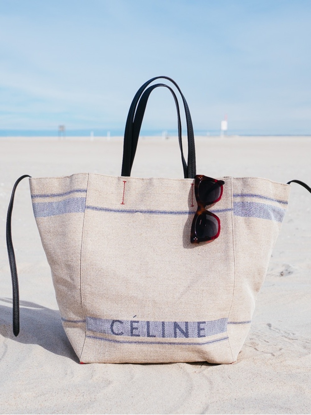 Céline Beige Canvas Stripe Tote Bag with Black Leather Handles Phoebe Philo era
